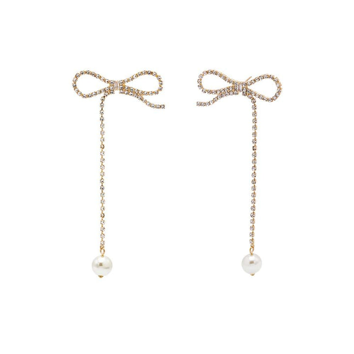 Gold CZ Tennis Pearl Bow Tie Drop Stud Earring - Adina Eden's Jewels