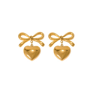 Gold Solid Bow Tie Dangling Heart Stud Earring - Adina Eden's Jewels