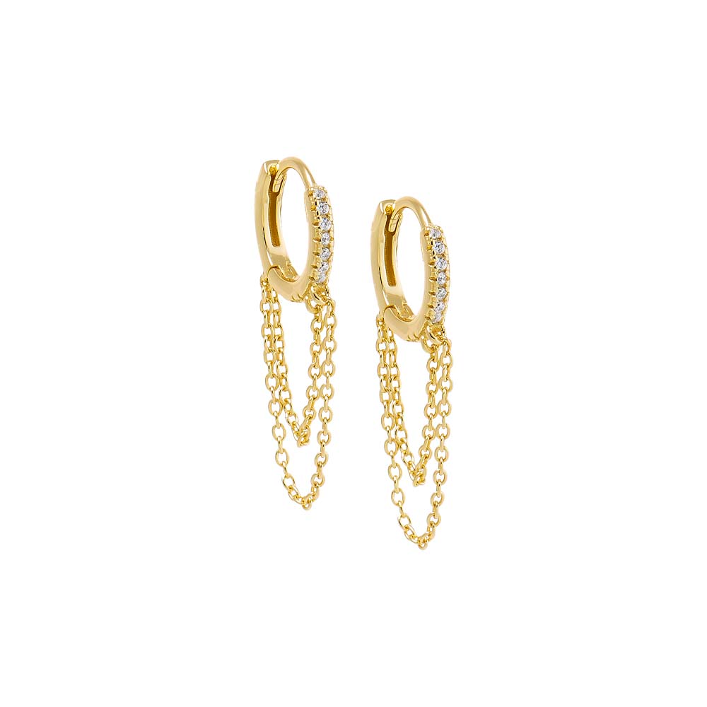 Gold Pave Double Chain Drop Huggie Earring - Adina Eden's Jewels