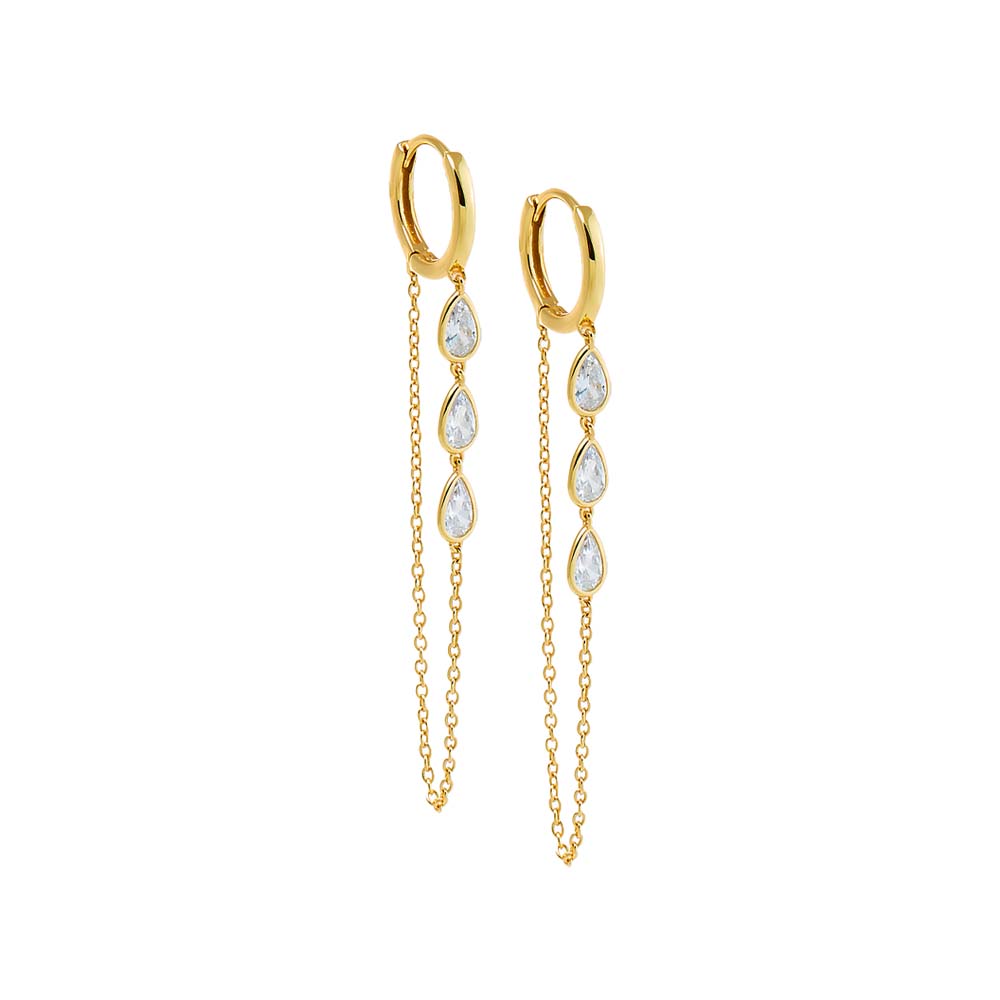Gold Floating CZ Drop Chain Huggie Earring - Adina Eden's Jewels
