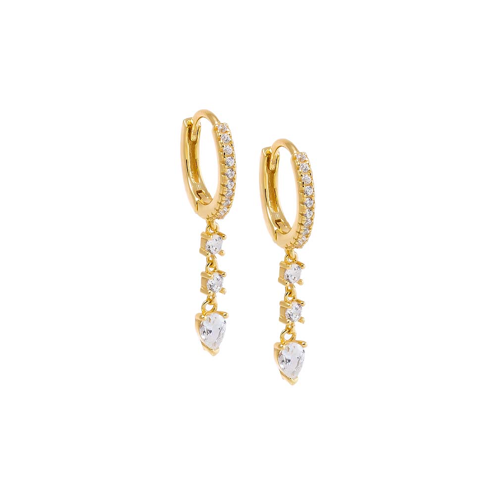 Gold Triple Stone Dangling Drop Huggie Earring - Adina Eden's Jewels