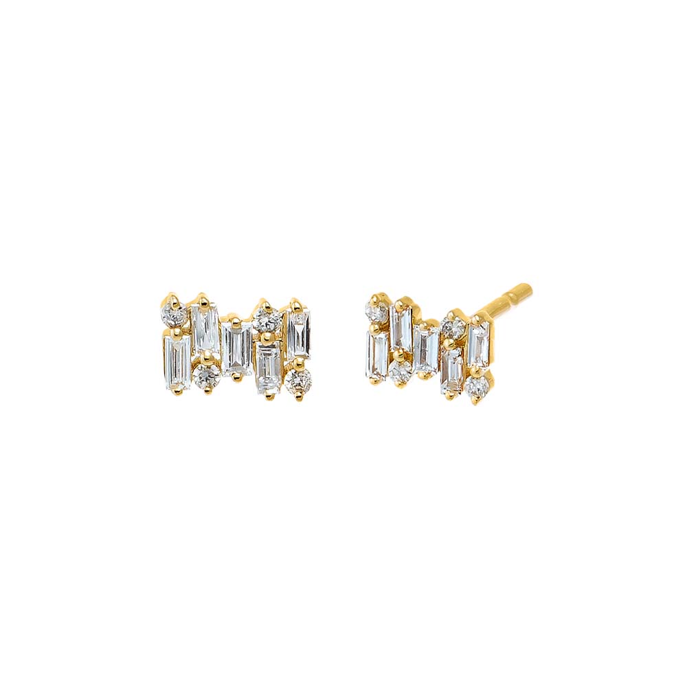 14K Gold Diamond Round X Baguette Scattered Stud Earring 14K - Adina Eden's Jewels