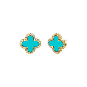 Turquoise Pave Outlined Four Leaf Clover Stud Earring - Adina Eden's Jewels