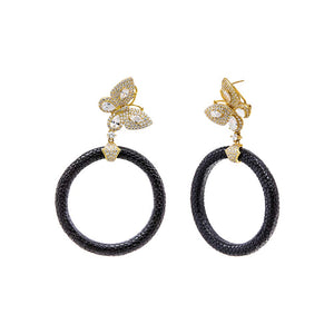 Black Pave Butterfly Drop Open Circle Drop Earring - Adina Eden's Jewels