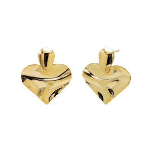 Gold Indented Flat Heart Drop Stud Earring - Adina Eden's Jewels