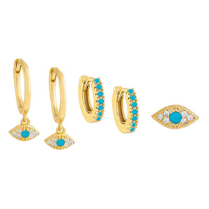 Turquoise CZ Evil Eye Earring Combo Set