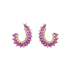Magenta Colored Pave X Baguette Oval Loop Stud Earring - Adina Eden's Jewels