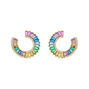 Multi Color Multi Colored Pave X Baguette Round Loop Stud Earring - Adina Eden's Jewels