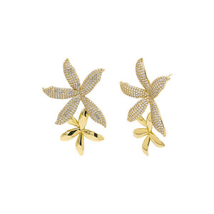 Gold Solid/Pave Double Flower Drop Stud Earring - Adina Eden's Jewels