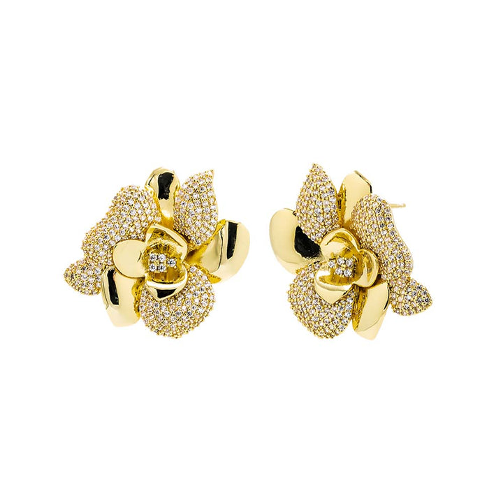 Gold Solid/Pave Fancy Flower Stud Earring - Adina Eden's Jewels
