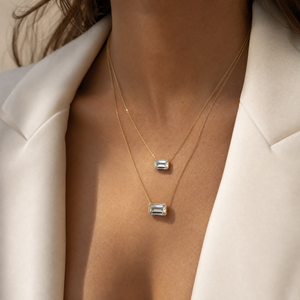 Lab Grown Diamond Emerald Semi Bezel Pendant Necklace 14K - Adina Eden's Jewels