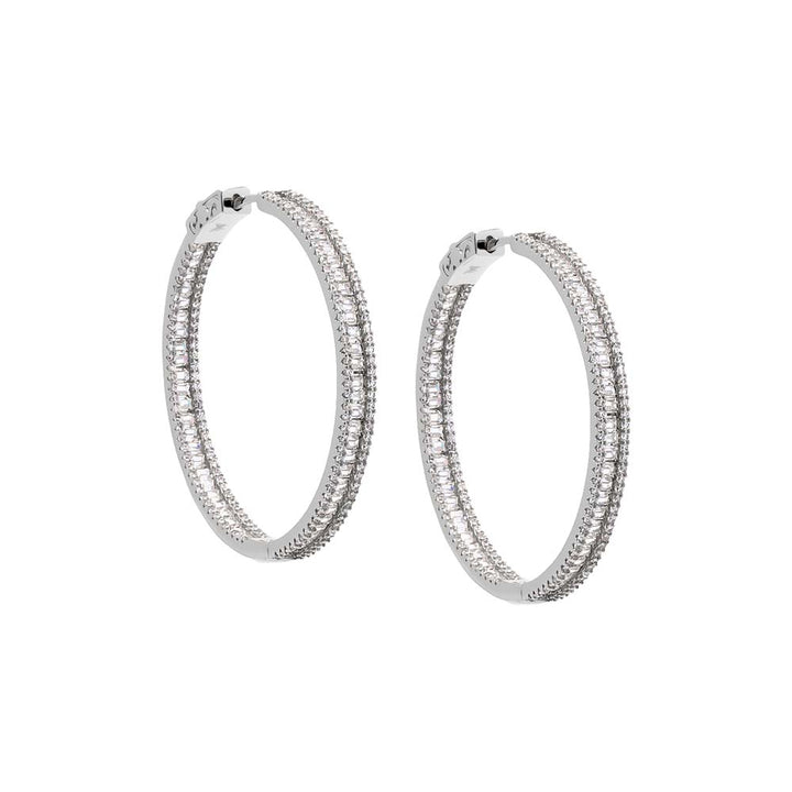 Silver / 40MM Fancy CZ Pave X Baguette Hoop Earring - Adina Eden's Jewels