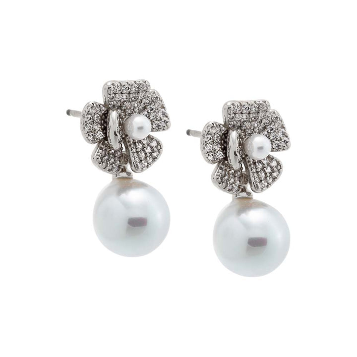Silver Pave Dangling Flower Pearl Stud Earring - Adina Eden's Jewels