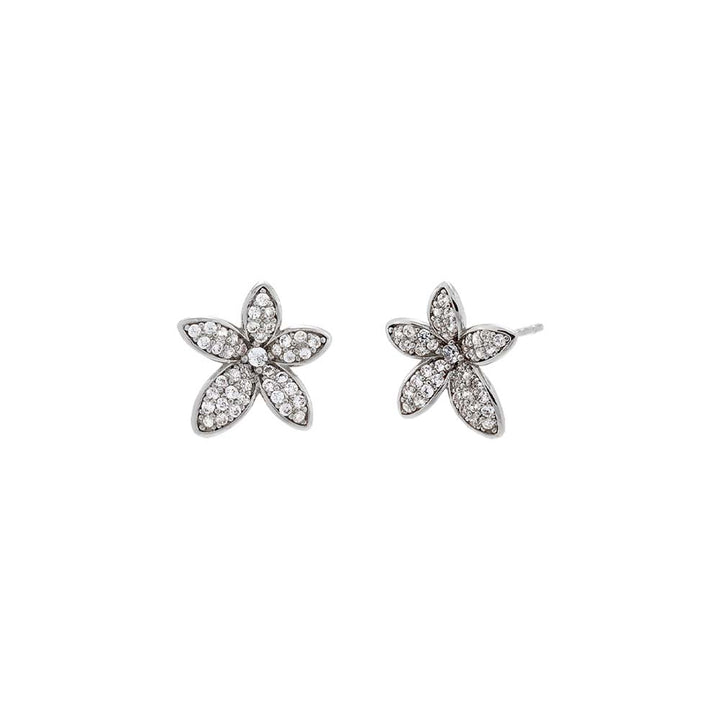 Silver Pave Five Leaf Flower Stud Earring - Adina Eden's Jewels