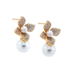 Gold Pave Four Leaf Dangling Flower Pearl Stud Earring - Adina Eden's Jewels