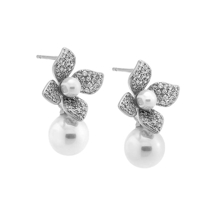Silver Pave Four Leaf Dangling Flower Pearl Stud Earring - Adina Eden's Jewels