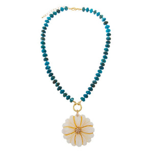 Pearl White Deep Lake Blue Apatite Beaded Bloom Flower Pendant Clicker Necklace - Adina Eden's Jewels