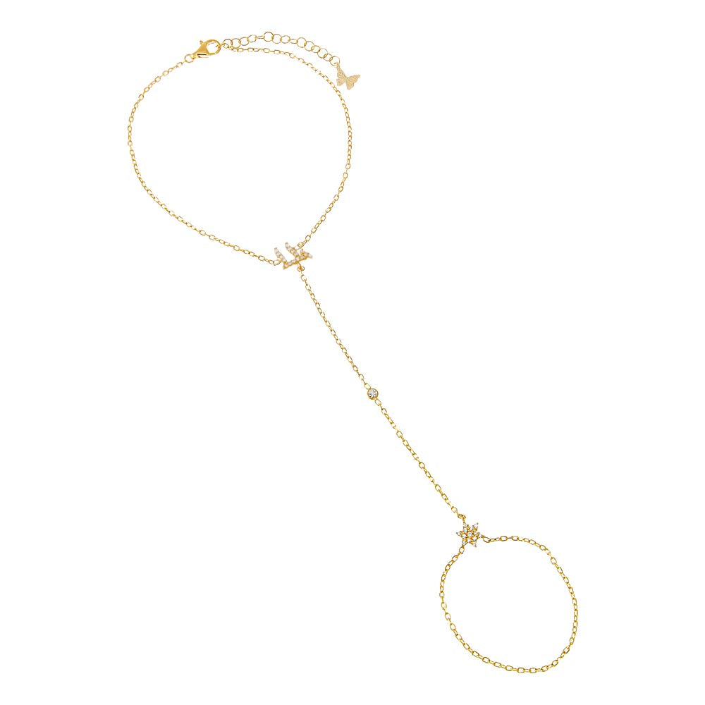 Gold Pave Star Of David X Chai Bezel Hand Chain Bracelet - Adina Eden's Jewels
