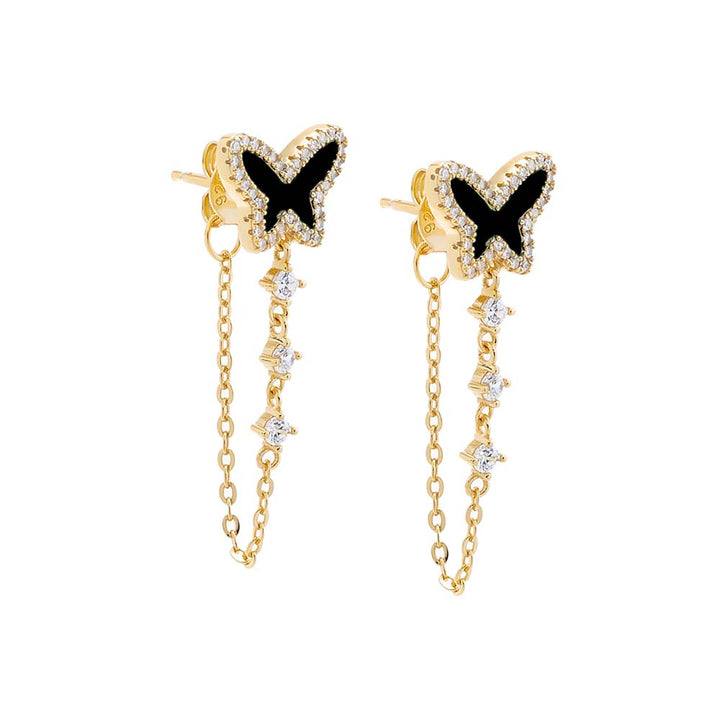 Onyx Pave Colored Stone Butterfly Drop Chain Stud Earring - Adina Eden's Jewels