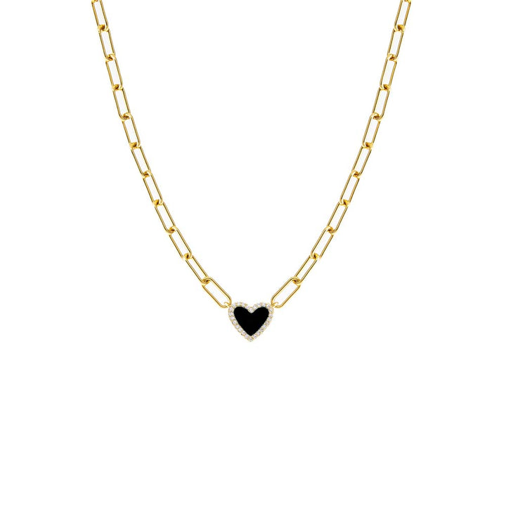 Onyx Pave Colored Stone Heart Paperclip Necklace - Adina Eden's Jewels