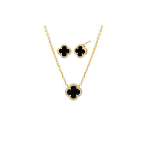 Onyx Mini Pave Colored Stone Clover Necklace & Earring Combo Set - Adina Eden's Jewels
