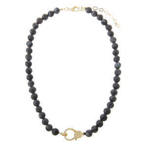 Dark Grey Black Labradorite Natural Stone Pave Lobster Clasp Necklace - Adina Eden's Jewels