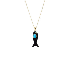 Black Enamel & Turquoise Fish Charm Necklace - Adina Eden's Jewels
