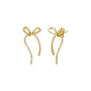 Gold Pave Long Bow Tie Drop Stud Earring - Adina Eden's Jewels