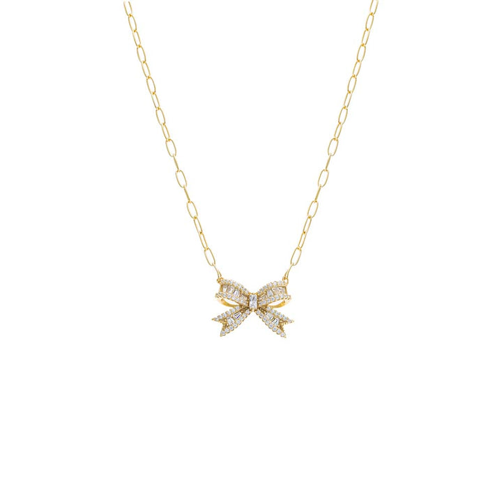 Gold Pave X Baguette Mini Bow Tie Link Necklace - Adina Eden's Jewels