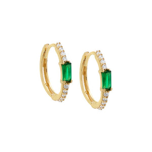 Emerald Green / Pair Colored Pavé X Baguette Huggie Earring 14K - Adina Eden's Jewels