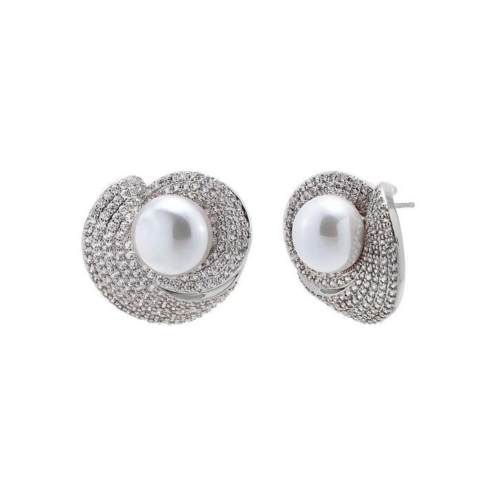 Silver Pave Looped Pearl Stud Earring - Adina Eden's Jewels