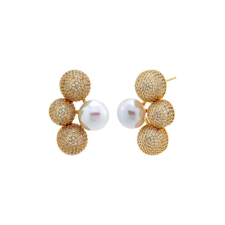 Gold Pave Triple Ball X Pearl On The Ear Stud Earring - Adina Eden's Jewels