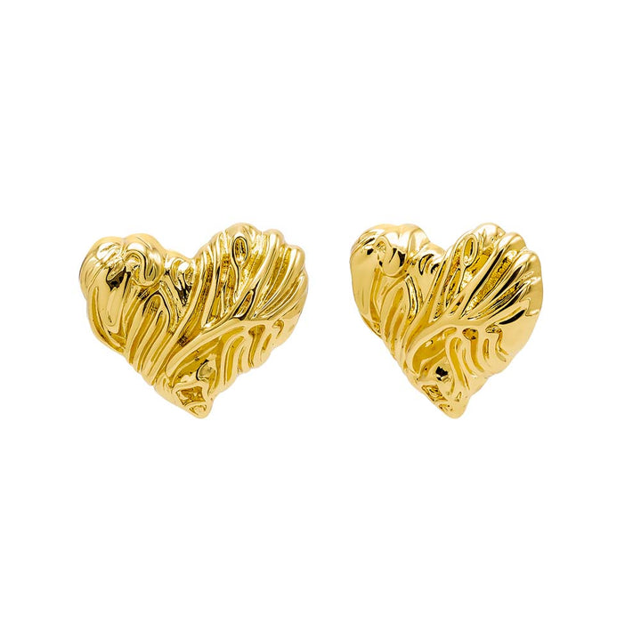 Gold Lined Polished X Ribbed Heart Stud Earring - Adina Eden's Jewels