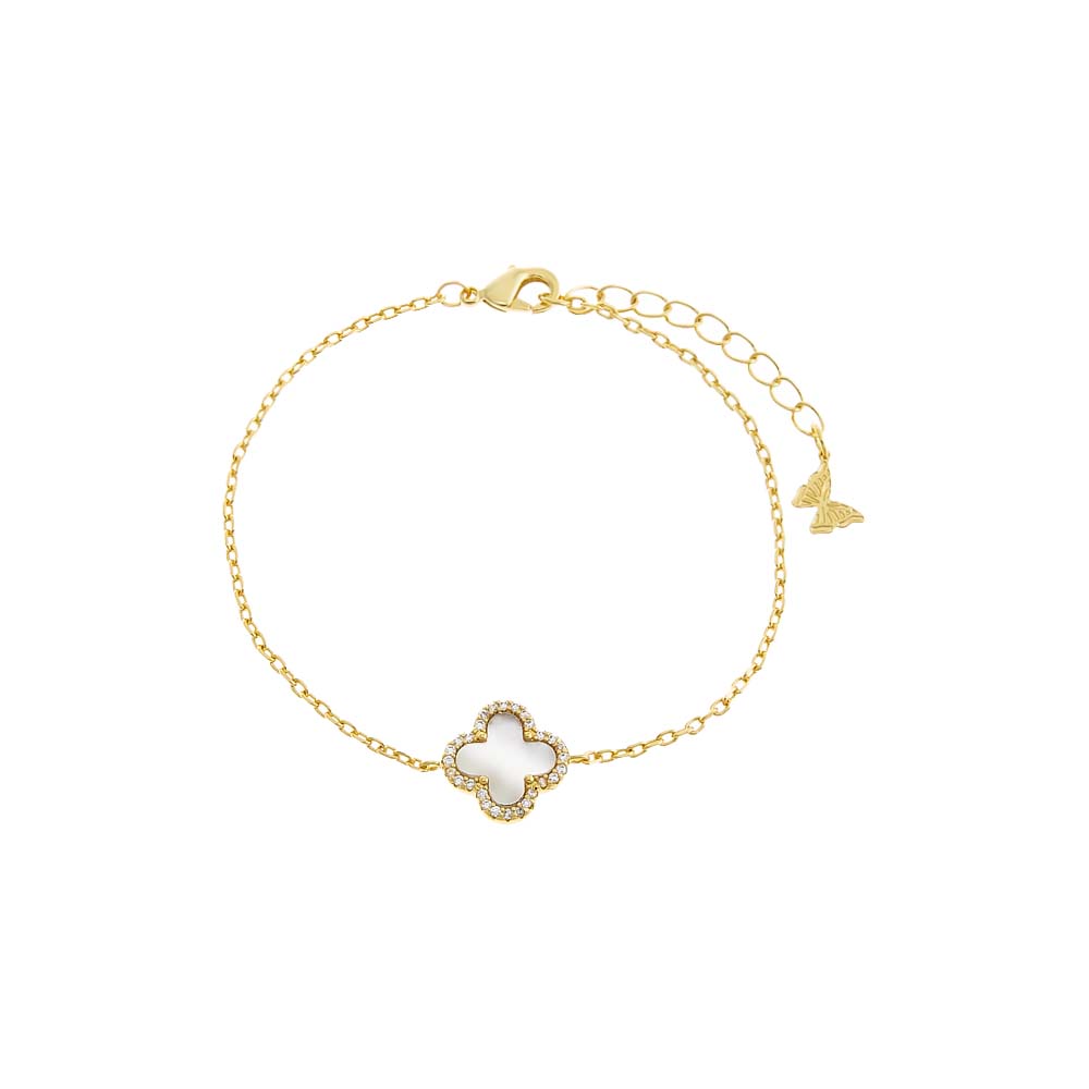 Mother of Pearl Pave Outlined Four Leaf Clover Bracelet - Adina Eden's Jewels
