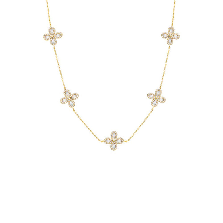 Gold Multi Pave X Baguette Four Leaf Flower Necklace - Adina Eden's Jewels