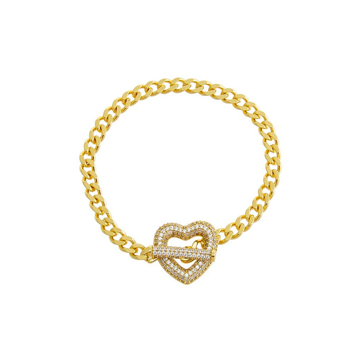 Gold Pave Heart Toggle Cuban Link Bracelet - Adina Eden's Jewels