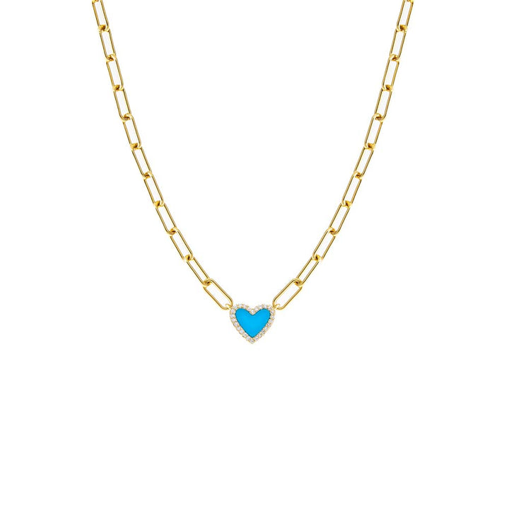 Turquoise Pave Colored Stone Heart Paperclip Necklace - Adina Eden's Jewels