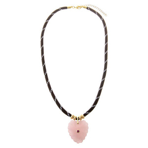 Dark Brown / Pink Rose Quartz Heart Natural Stone Dark Brown Rope Necklace - Adina Eden's Jewels