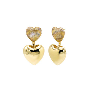Gold Solid/Pave Heart Dangling Drop Stud Earring - Adina Eden's Jewels