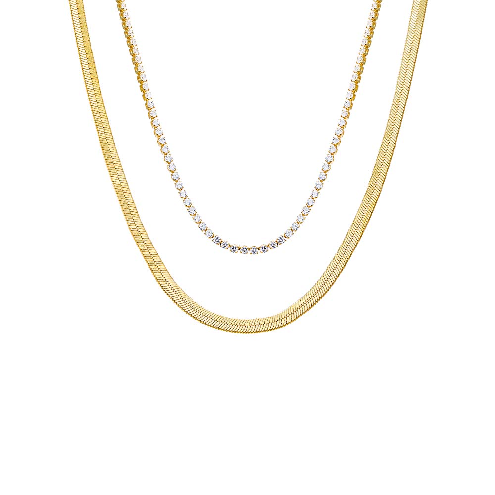 Gold Two In One Tennis X Herringbone Necklace - Adina Eden's Jewels
