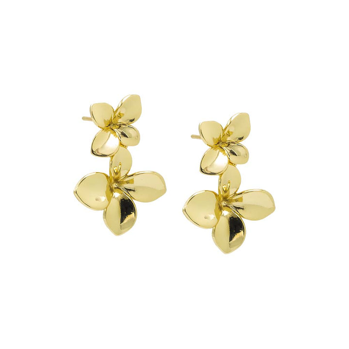 Gold Solid Graduated Double Flower Drop Stud Earring - Adina Eden's Jewels