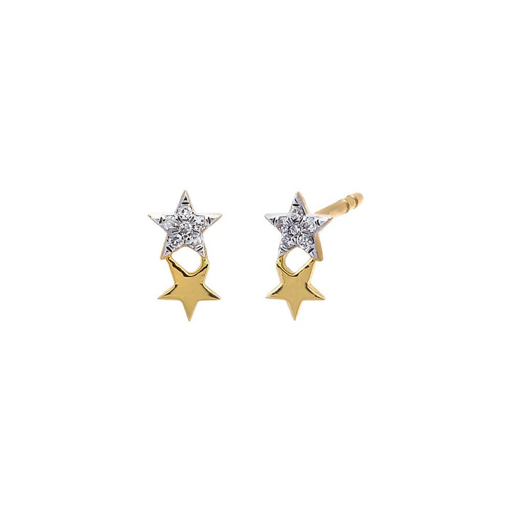 14k Gold / Pair Diamond Solid/Pave Double Star Stud Earring 14K - Adina Eden's Jewels