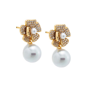 Gold Pave Dangling Flower Pearl Stud Earring - Adina Eden's Jewels