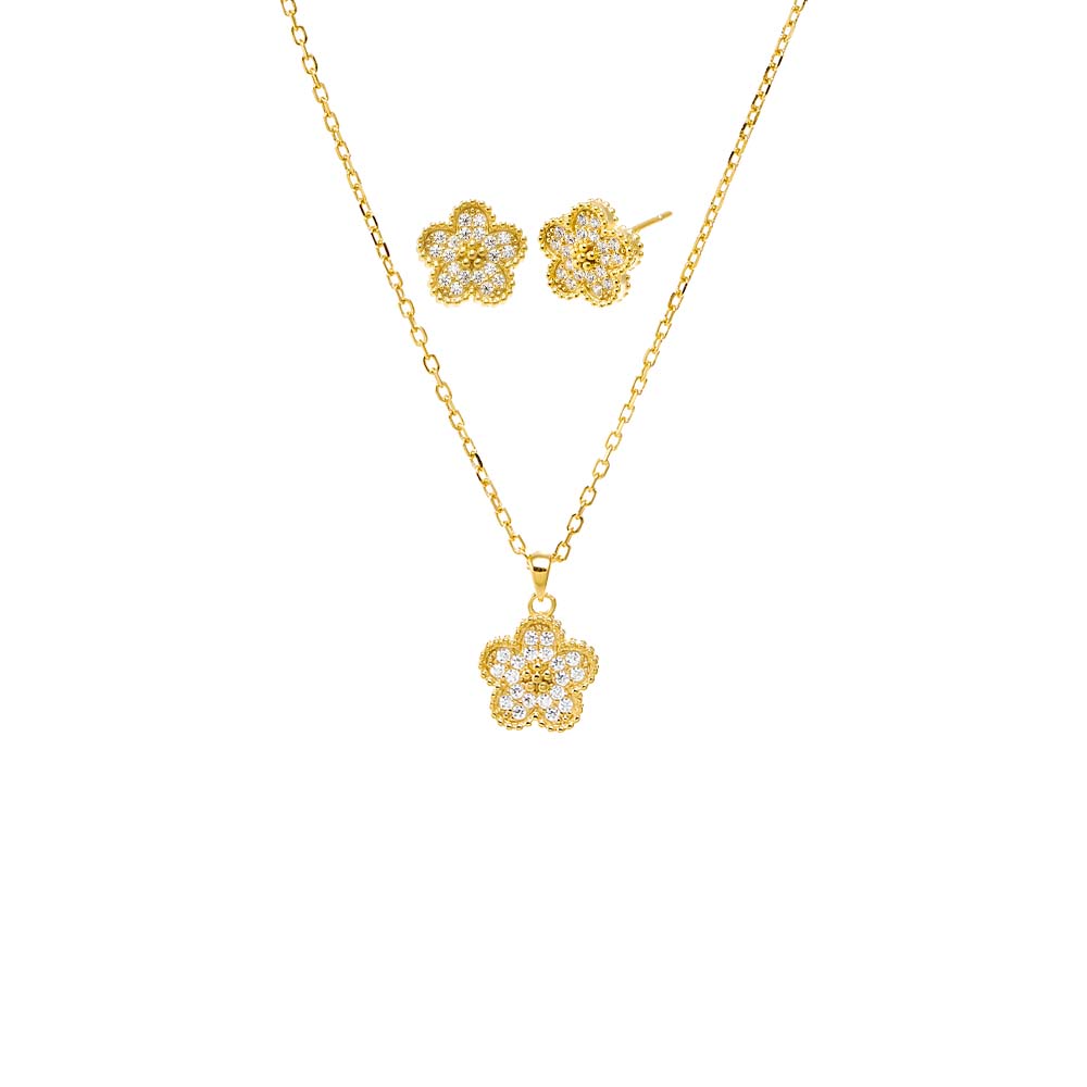 Gold Pave Flower Necklace & Earring Combo Set - Adina Eden's Jewels