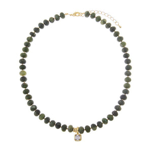 Dark Green Serpentine Jade Beaded CZ Assher Bezel Drop Charm Necklace - Adina Eden's Jewels