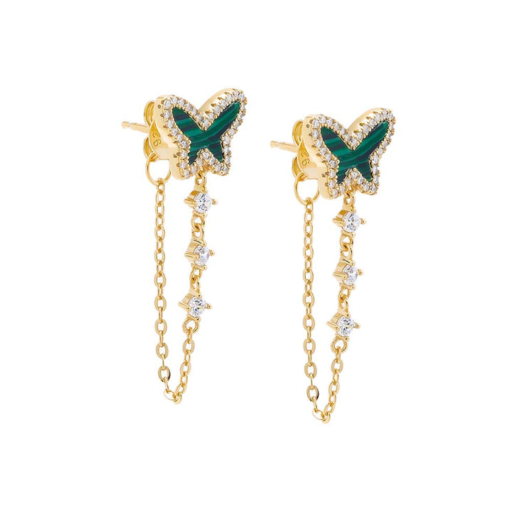 Malachite Pave Colored Stone Butterfly Drop Chain Stud Earring - Adina Eden's Jewels