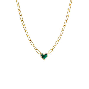 Malachite Pave Colored Stone Heart Paperclip Necklace - Adina Eden's Jewels