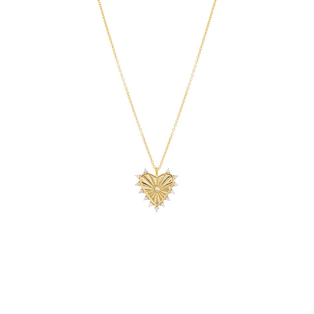 Gold CZ Rimmed Ridged Heart Pendant Necklace - Adina Eden's Jewels