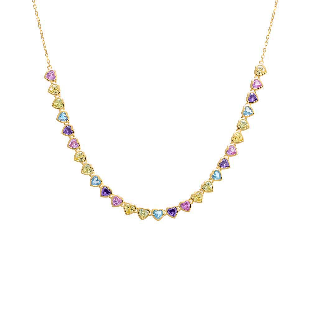 Colored CZ Bezel Hearts Necklace