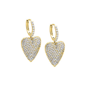 Gold Pave Elongated Puffy Dangling Heart Huggie Earring - Adina Eden's Jewels